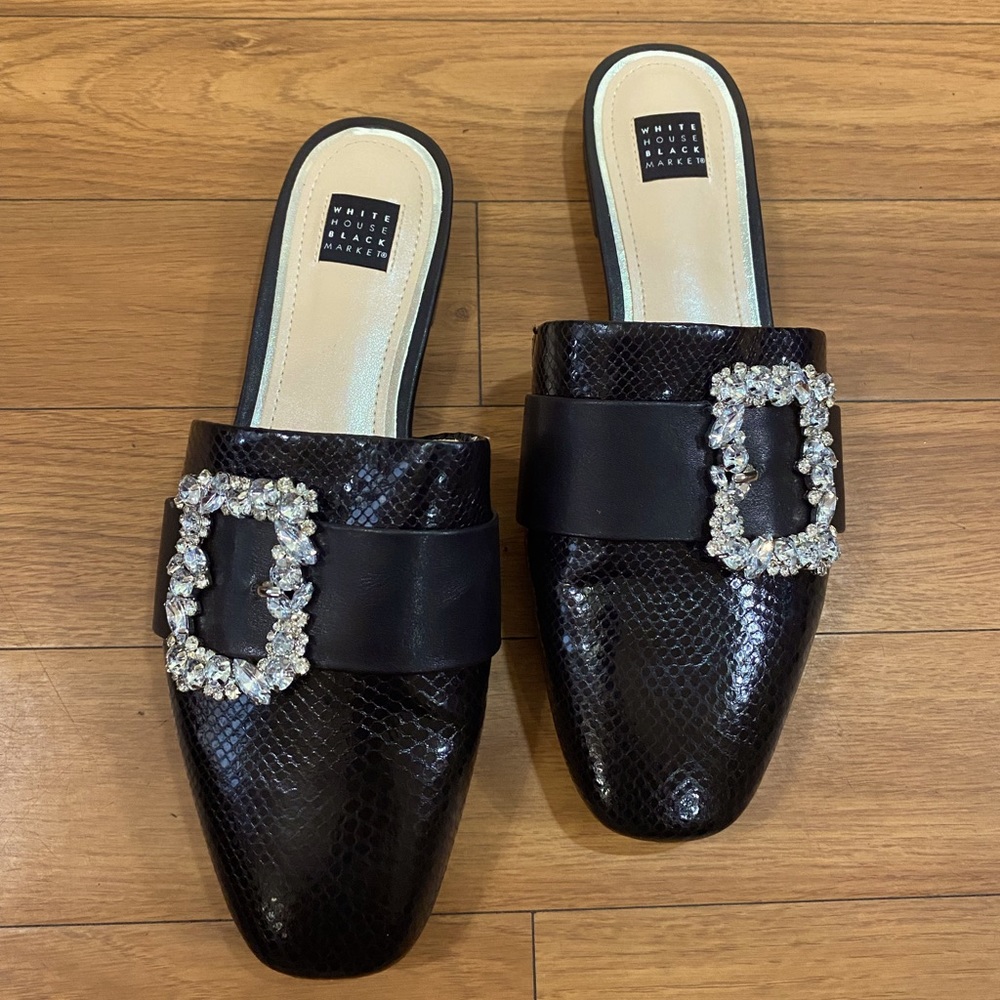 White House Black Market Black Embellished Rhinestone Buckle Mule Flats